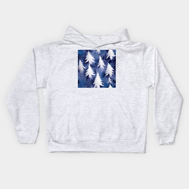 Watercolor Blue and White Christmas Trees Kids Hoodie by VintageFlorals